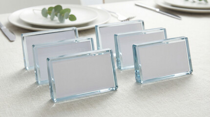 Table setting with blank place cards on a neutral tablecloth  