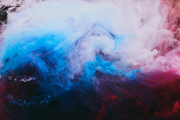 Abstract colorful smoke background. Moving flow of blue, red, white paints, fluid art