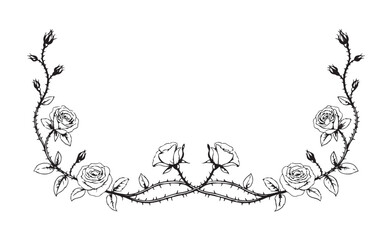 Hand-drawn thorny rose vine border, botanical line art frame with flowers and buds, black and white sketch. © Sen