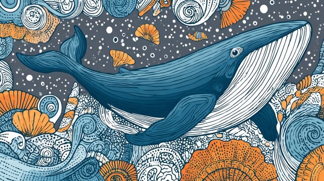 Whale swimming calmly through a whimsical underwater world enriched with shells and flowing sea forms. Serene imaginative scene for ocean conservation, fantasy art, and children's illustration themes - Powered by Adobe