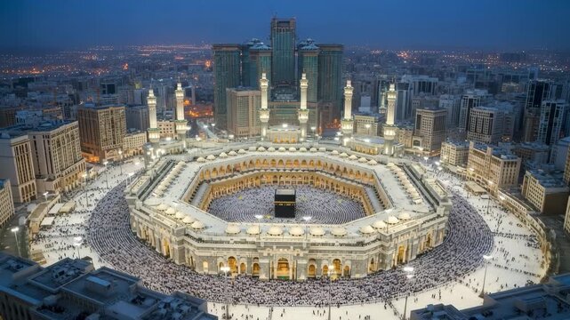Aerial view of the Masjid al-Haram mosque during the Hajj pilgrimage, a stunning dynamic cityscape filled with devotion and travel