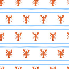 Cartoon lobsters on strip background seamless pattrn