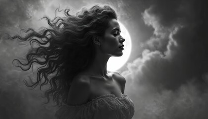 Black and white photo shows woman with flowing hair. Female face profile against cloudy backdrop with moon. Artistic portrait features long wavy tresses.