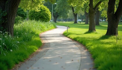 Obraz premium Concrete pathway curves through a sunlit park. Lush green grass lines the walking path with mature trees casting dappled shadows. A peaceful outdoor scene perfect for relaxation and nature walks.