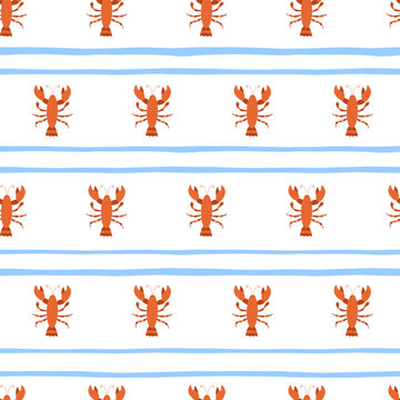 Cartoon lobsters on strip background seamless pattrn