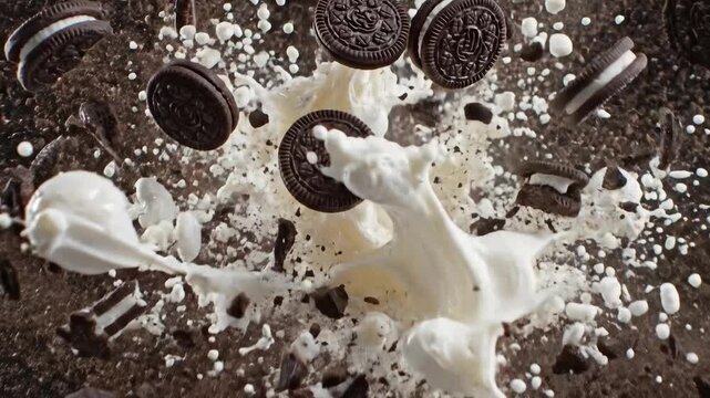 Milk, Oreo cookies, splashing, white liquid, dessert explosion, chocolate sandwich cookies