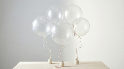 Clear balloons standing on a wooden table with soft lighting  