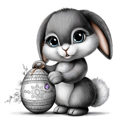 A illustration of an adorable, wide-eyed fluffy bunny with grey and white fur gently leaning against a patterned Easter egg on white background.
