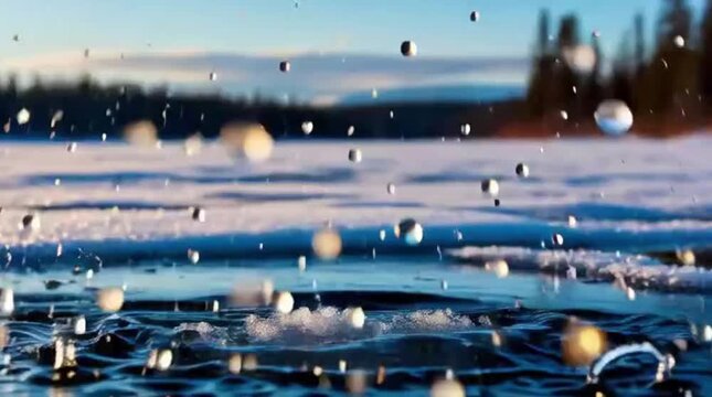 Close-up of water droplets exploding from an ice crystal on a water surface in winter