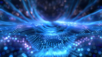 Visual display of blue lights and patterns in a digital environment with flowing lines and points during a creative project