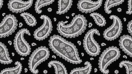 Black Background with White Paisley Pattern.