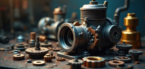 Engine pump, spare parts on table. Mechanic tools in garage. Auto components arrangement in workshop. Car service equipment for maintenance. Motor repair details assembly. Engineering repair shop