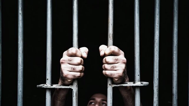 Close-up man fingers gripping prison bars, symbolizing incarceration and confinement. Pair of hands clutching metal grid. Struggle and hopelessness of imprisonment. Hands grasping prison bars