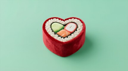 A surreal sushi box absurdly shaped like a heart, filled with sushi on a mint green background