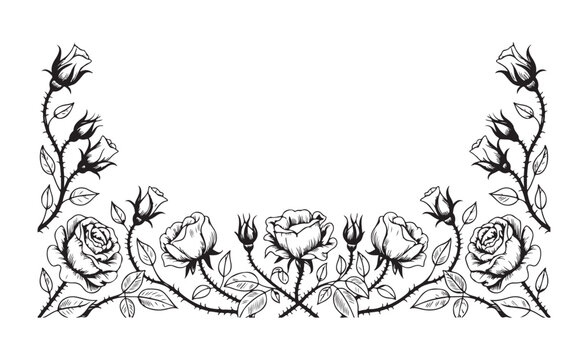 Hand-drawn symmetrical rose vine border with thorns and flower buds, vintage black and white botanical line art illustration.
