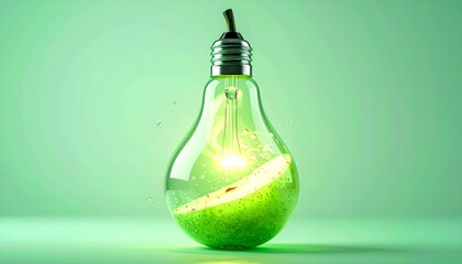 A surreal light bulb contains an absurdly shaped green apple slice surrounded by water droplets on a green surface.