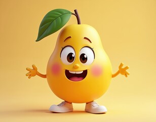 Cartoon pear character smiles in sneakers. Cute funny pear with big eyes, happy expression, cheerful face and healthy food concept. Comic cartoon fruit promotes vitamins diet.
