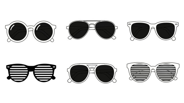 Diverse Collection of Sunglasses Styles on White Background, Vector Illustration