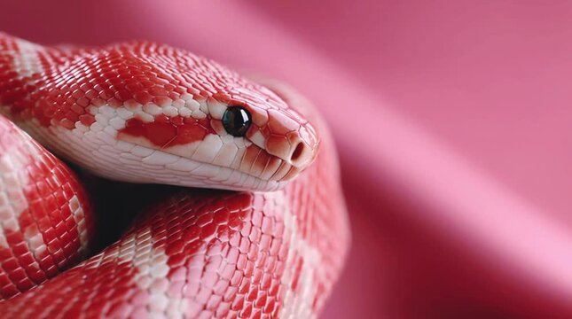 Close up of red and white corn snake on pink background