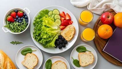 A fitness enthusiast's meal planner setup with healthy food and drink options on a clean table