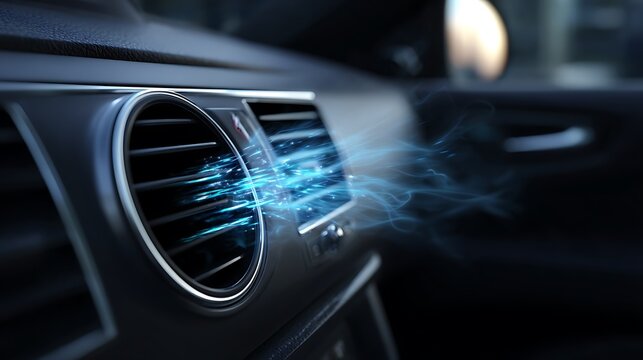 Car interior showing air vent with stream of cool blue air emitting, creating a refreshing atmosphere - Powered by Adobe