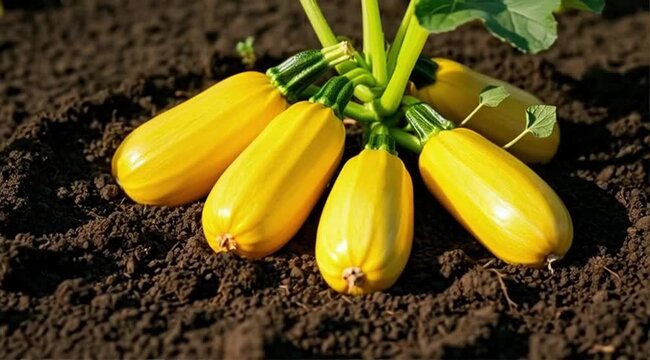 Yellow zucchini growing in soil with green leaves and sunlight  