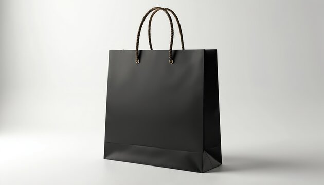 Luxury black paper shopping bag with braided gold rope handles stands on clean white background. Empty blank package perfect for retail, gift, commerce, fashion branding mockup design. Product ready - Powered by Adobe