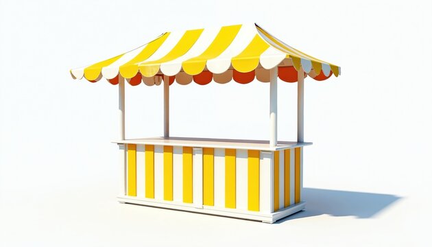 Bright yellow and white striped market stall isolated on white background. Empty food retail structure. Modern kiosk booth cart design. Suitable for product presentation advertising