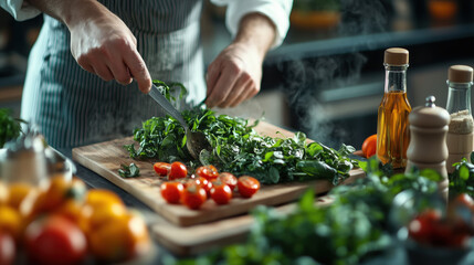 a chef preparing fresh ingredients in a modern kitchen