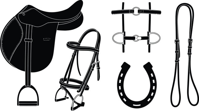 Black horse riding equipment set including saddle bridle reins and horseshoe