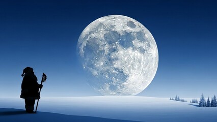 Santa Claus stands on snowy hill gazing at giant moon
