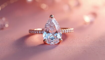 Luxury teardrop diamond ring on pink backdrop. Diamond sparkles with radiance, clarity. Elegant gem jewellery shines bright. Precious accessory love, commitment. Gift for. Design for luxury brand