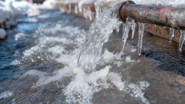 Winter plumbing disaster, broken street pipe leaking water, icicles hanging, frost on asphalt, soft winter light highlighting icy textures and frozen water effects