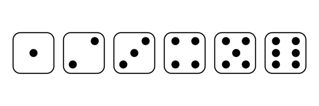 Diceline icons. Traditional die with six faces of cube marked with different numbers of dots or pips from 1 to 6. Vector illustration isolated on white background