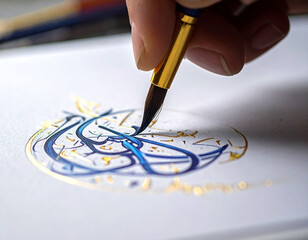 Artist's hand meticulously painting intricate gold and blue calligraphy