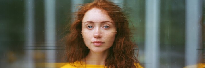 Young caucasian female with red hair and digital glitch effect