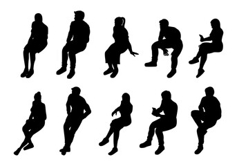 isometric people sitting without chair silhouette set for architectural, lifestyle men and women, messaging, using phone. black shadow illustration. © SR