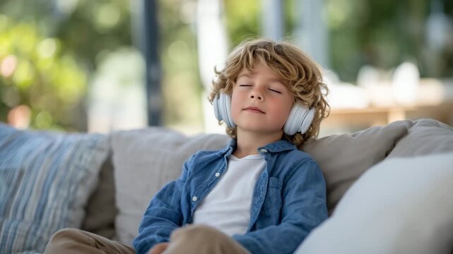 Young child with autism peacefully listening to music, eyes closed, wearing headphones, calm expression, sitting in cozy home therapy environment with soft natural light, sensory r