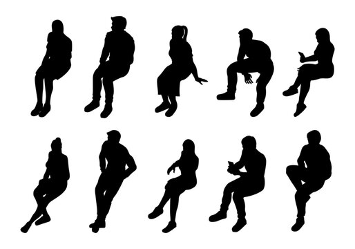 isometric people sitting without chair silhouette set for architectural, lifestyle men and women, messaging, using phone. black shadow illustration.
