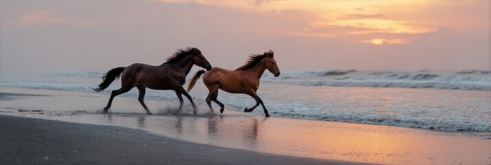 Two horses running along the beach at sunset by the ocean waves