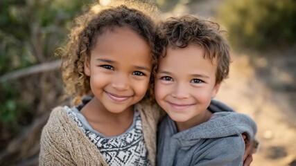 Young siblings in a warm embrace, sunlit park path behind them, laughter and joy visible in faces, childhood friendship and familial bond emphasized