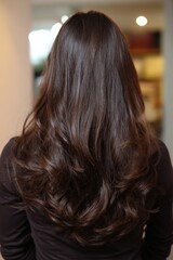 Naklejka premium Brunette female with long wavy hair from back view in indoor setting