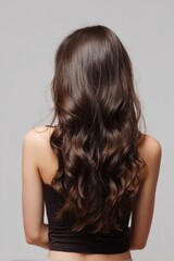 Naklejka premium Brunette female with long wavy hair, rear view, caucasian, young adult