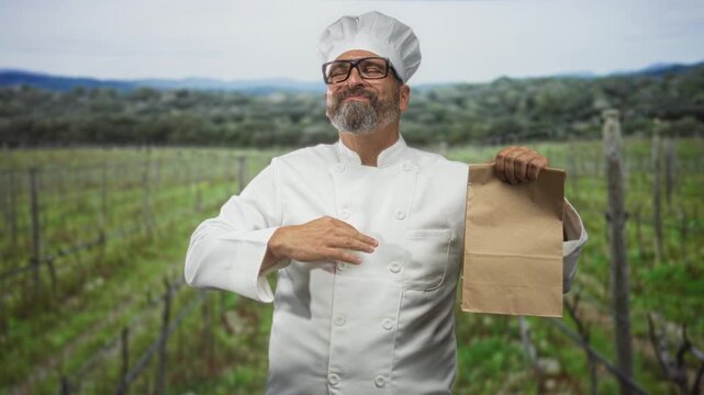 Man chef holding paper bag and thumb up with right hand in forest wearing chef uniform and hat; pride success.