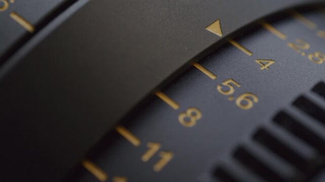 Detailed close-up view of directional arrow moving through engraved f-stop numbers on turning aperture ring of camera lens