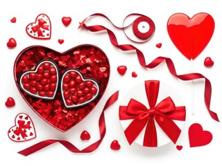 Heart-shaped box filled with red candies and surrounded by decorative hearts and ribbons