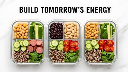 Healthy meal prep containers with fitness planner and balanced diet for energy