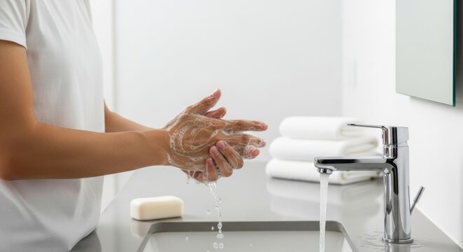 A person washing their hands with soap and water in a clean bathroom. Daily hygiene routine for health and disease prevention - Powered by Adobe