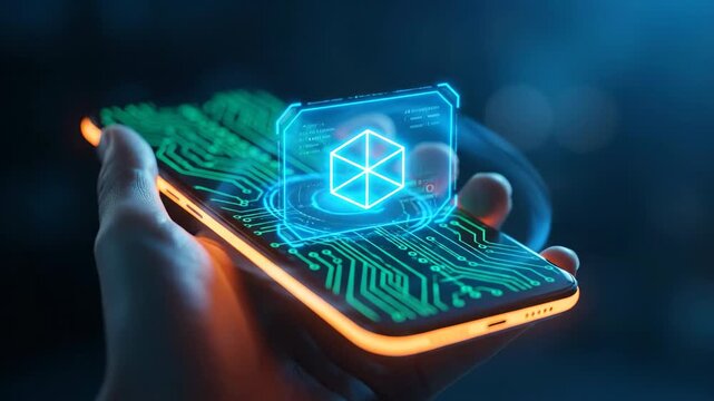 Futuristic smartphone displays a digital cube hologram with circuit board graphics and neon blue and orange lights.