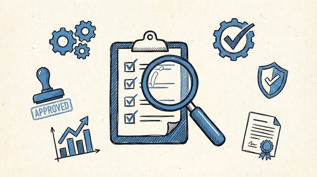 Business checklist with approved stamp and magnifying glass for quality control